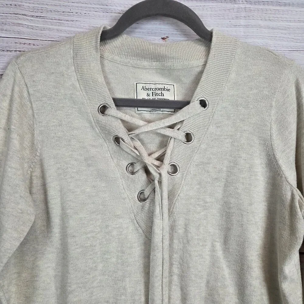 Abercrombie & Fitch Retro Lace up V-Neck Tan Sweater M Chic Minimalist Neutral